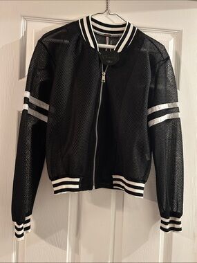 Poof! Black Mesh Varsity Jacket with White Stripe Trim